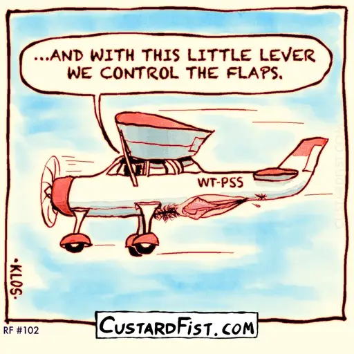 A small aeroplane is flying in the air. Flight instructor: AND WITH THIS LITTLE LEVER, WE CONTROL THE FLAPS. Near the rear of the plane there is a large vulva with two folds of the labia minora sticking out (the “flaps”).