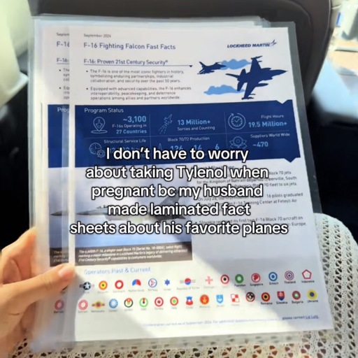 A photo of a stack of laminated pages of airplane facts with the caption “I don't have to worry about taking Tylenol when I’m pregnant bc my husband made laminated fact about his favorite planes”