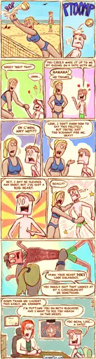 This is a comic strip.  Joseph Erkhoff is walking along the beach. In the foreground, a sporty beach volleyball woman jumps up to block the ball, but it bounces off in the wrong direction.  The ball hits Joseph on the head.  Joseph hands the ball back to the woman. The woman says: SORRY ‘BOUT THAT! Joseph says: WELL…  Joseph says: YOU COULD MAKE IT UP TO ME BY GOING ON A DATE WITH ME. The woman laughs and says: NO THANKS.  Joseph leans in a little too close to her face. The woman pulls back. Joseph says: OH C’MON, WHY NOT?!?  The woman says: LOOK, I DON’T KNOW HOW TO SAY THIS POLITELY, BUT YOU’RE JUST TOO SCRAWNY FOR ME, OKAY? Joseph says: HEY, I MAY BE SLENDER AND SMALL OF STATURE, BUT I'VE GOT A BIG HEART.  The woman, surprised, grabs him by the neck and waist with her muscular arms. The woman says: YOU DO?!?  She holds Joseph up to the light. His internal organs are visible, showing an enlarged heart. The woman says: DAMN. YOUR HEART DOES LOOK ENLARGED. YOU SHOULD GET THAT LOOKED AT BY A CARDIOLOGIST OR SOMETHING.  Later at the doctor’s office. A female doctor explains the situation to Joseph. The doctor says: GOOD THING WE CAUGHT THIS EARLY, MR. ERKHOFF. I’M PUTTING YOU ON BETA BLOCKERS AND I WANT TO SEE YOU AGAIN IN TWO WEEKS. Joseph says: YOU MEAN, LIKE… A DATE?