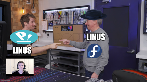 A tech-workshop scene with two men pointing at each other like the Spider-Man meme. The man on the left has the Pop_OS Linux logo on his chest with the label “LINUS.” The man on the right has the Fedora logo on his chest, is wearing a blue fedora hat, and is also labeled “LINUS.” The joke is that both men are labeled “LINUS” despite representing different Linux distributions.