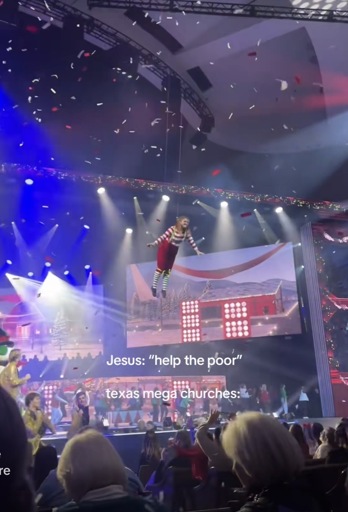 A photo of an elaborate stage presentation of a Christmas show inside a church with the caption ‘Jesus: "help the poor." texas mega churches:’