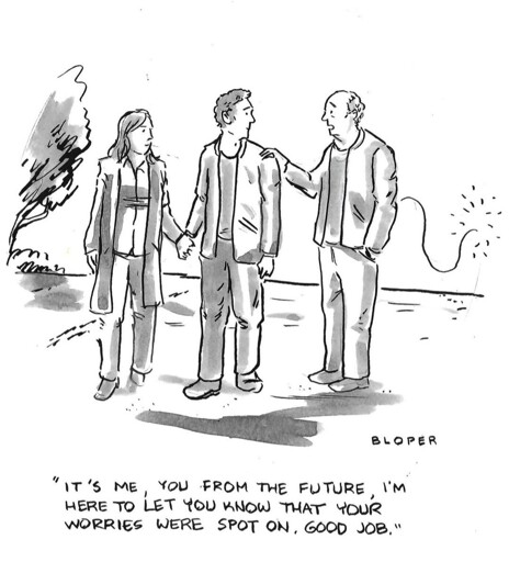 Older man taps younger man shoulder saying "it's me from the future im here to let you know your worries were spot on good job" 